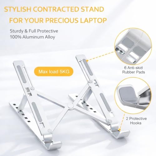 Image of 6 Angles Adjustable Aluminum Ergonomic Foldable Portable Tabletop Laptop /Desktop Riser Stand Holder Compatible for MacBook, HP, Dell, Lenovo & All Other Notebook (Silver)