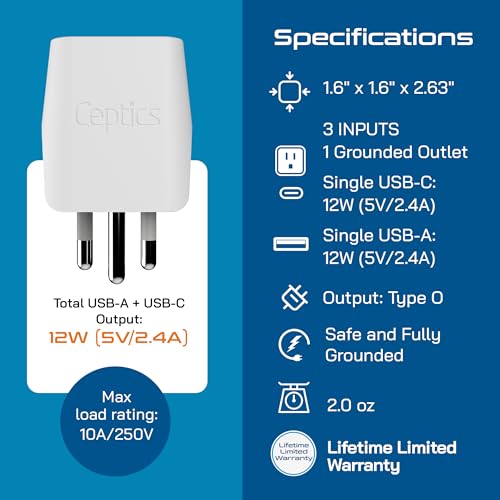 Image of Ceptics Thailand Travel Plug Adapter - Type O Power Adapter with USB-C & A + USA Input - Ultra Compact,3-in-1 Safe Grounded Adapter Plug for Thailand