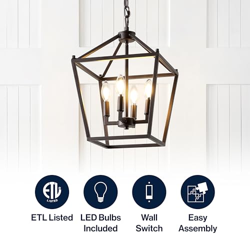 Image of JONATHAN Y Pagoda 4-Light Pendant 12 inch Cage, Oil Rubbed Bronze | Traditional Metal Farmhouse Hanging Lantern Ceiling Fixture, Adjustable Chain Link, For Kitchen Island, LED Bulb Included