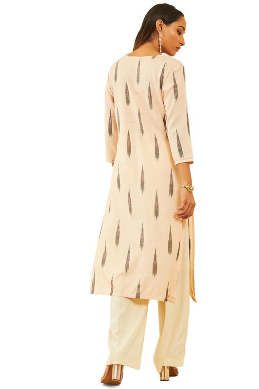 Image of Soch Womens Cotton Ikat Printed Straight Kurta with Sequins