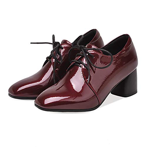 VOKLIN Women's Square Toe Lace Up Pump Oxford Patent Leather Chunky Mid Block Heel Western Dress Loafer Shoes2
