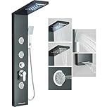 Alenart LED Shower Panel Tower with Rainfall Waterfall Shower Head Shower System,5 in 1 Matte Black Stainless Steel Shower Panel Tower System High Pressure with Tub Spout-HFT1049