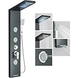 Duschpaneel mit Mischer, 6 Funktionen, LED und Regendusche, Wasserfallsäule aus schwarzem Edelstahl, mit 3 Massagedüsen, Badewannenablauf