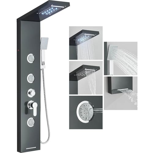 Panel de Ducha con Mezclador 5 Funciones, LED y Ducha de Lluvia Cascada Columna de Acero Inoxidable Negro con 3 chorros de masaje desagüe de la bañera
