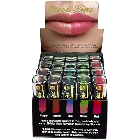 Mood Lips Lipstick 20 Piece Display Changing Long Lasting Magic Custom Lip Shade 12 hour long lasting non transfer with Vitamins A, C, & E, and Aloe Vera Cover