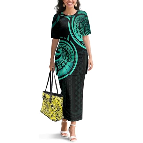 Image of Puletasi Samoan Traditional 2 Piece Outfits for Women Short Sleeve Crop Top and Maxi Skirt Sets Puletasi Dress