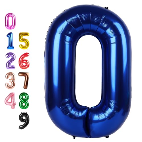 Image of Number Balloons 0 Balloon 40 inch Blue for 10 Birthday Party Decorations | Saturated Color, Large 40 in, With Inflation Straw & Hanging Hole, Great for Men's Party, Back-To-School Season, Pool Party