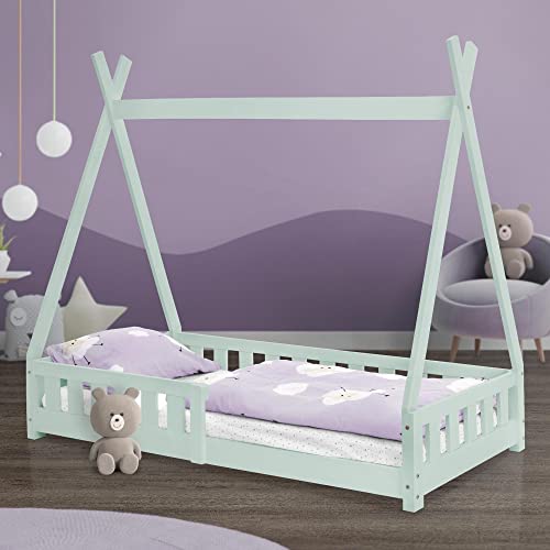 ML-Design Kinderbett Tipi 80x160 cm Mint mit Rausfallschutz und Lattenrost, Kiefernholz, Indianer Bett aus Massivholz für Mädchen & Jungen, Hausbett mit Zaun Kinderhaus Jugendbett Spielbett Zelt