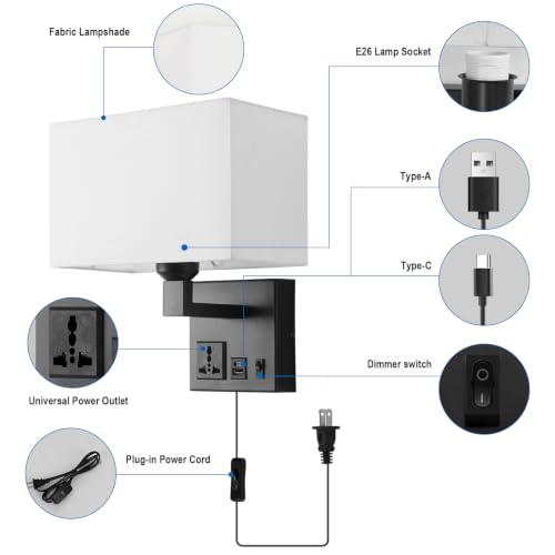 Image of Plug in Wall Sconces, Wall Lamp with Black Base Square lampshade | Wall Lights for Bedroom Bulb Included, Wall Mounted Lamp with 3 Color Temperature, Bedside Lamps with USB Ports and AC Outlet