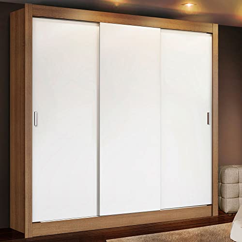 Image of Madesa 3 Sliding Doors Wardrobe, Engineered Wood, Brown and White, 170 cm Width, Shelves and Hanging Unit, Bedroom Storage