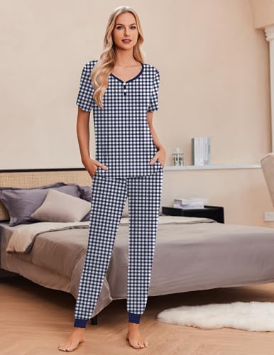 Image of Ekouaer Pajamas for Women Set 2 Piece Lightweight Summer Lounge Sets Short Sleeve Tops Joggers Long Pants Pjs with Pockets Navy Plaid Large