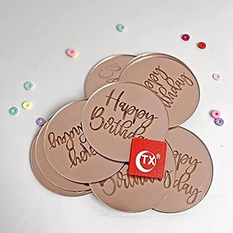 6 Pack Happy Birthday Cupcake Topper 2" Inches Round Disk Gold, Rose Gold & Silver Acrylic Cake Topper Laser Cut Party Decoration (Rose Gold x 6) Cover