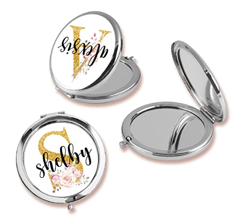 TEEAMORE Personalized Compact Mirror Custom Initial Travel Make Up Bridal Party Bridesmaid Proposal Gifts Silver