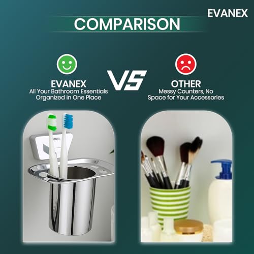 Image of EVANEX Wall-Mounted Tooth Brush Holder, 304 Grade Stainless Steel Tumbler Stand, Bathroom Organizer with Glossy & Chrome Finish Stand with Removable Cup (Aquarius)