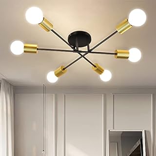 Depuley Vintage Ceiling Lights, 6-Light Sputnik Ceiling Light with Adjustable Arms,Black-Golden Metal Modern Chandelier,Industrial Edison Ceiling Light Fitting for Dining Room,Bedroom(No Bulbs)