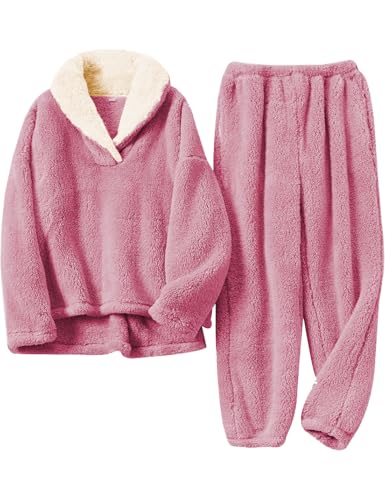 FSVABY Womens 2 Piece Fluffy Pajama Lounge Set Loose Pullover Pants Sleepwear with Pockets (Pink, Small)