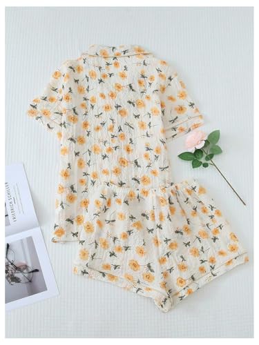 Image of BEAUDRM Women's Two Piece Pajama Sets Allover Print Short Sleeve Sleepwear Button Down Shirt and Bow Shorts Pj Set Loungewear Apricot and Yellow Medium