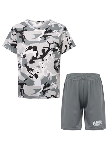easyforever Kids Boys Sports Outfit Set Short Sleeve Camouflage Print T-shirt With Shorts For Soccer Basketball Workout Gray 11-12 Years