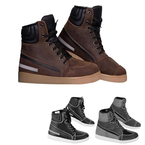 Botas de Moto de Cuero, Puntera y Talón Reforzados, Botas de Motocross Enduro para Botas de Turismo para Hombre Cordones, Suela Protectora de Espinilla de Goma Antideslizante, Aprobado CE (Marrón, 39)
