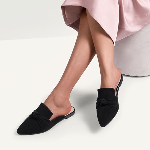 Image of MUSSHOE Mules for Women with Bow Knot: Pointed Toe Flats - Cloud-Cushion Suede Backless Loafers for Office & Casual Wear - Wide-Fit Friendly Slip On Slides with Memory Foam