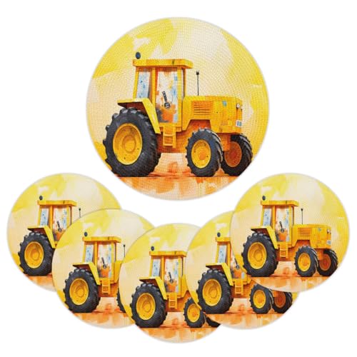 Mintoprints Manteles individuales trenzados redondos de coche de tecnología amarilla, juego de 6 manteles individuales tejidos de 35 cm, manteles individuales lavables para cocina, mesa de comedor
