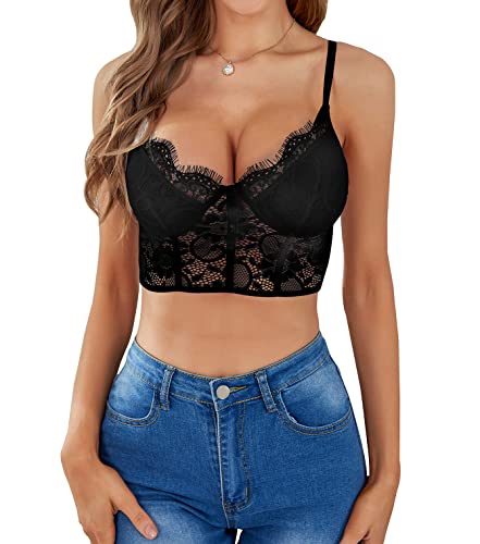 Lilosy Sexy Wirefree Lingerie Floral Lace Crop Cami Tank Top Women Sheer Longline Bralette Night Out Party Bra Black Small #TOP27