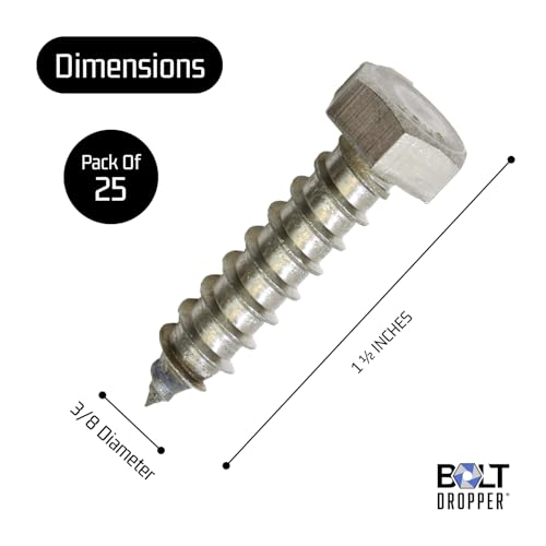 Image of Bolt Dropper 3 /8 inch x 1-1 /2 inch Stainless Hex Head Lag Bolt Screws, (25 Pack), 304 (18-8) Stainless Steel Coach Bolts /Large Screws for Wood with Plain Finish by Bolt Dropper