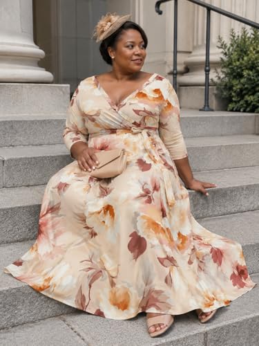 Image of SUZONANA Plus Size Maxi Dresses for Curcy Women Casual Loose 3 /4 Sleeve Long Dress with Belt