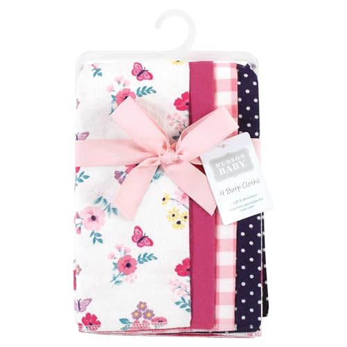 Image of Hudson Baby Unisex Baby Cotton Poly Flannel Burp Cloths, Butterfly Floral 4-Pack, One Size