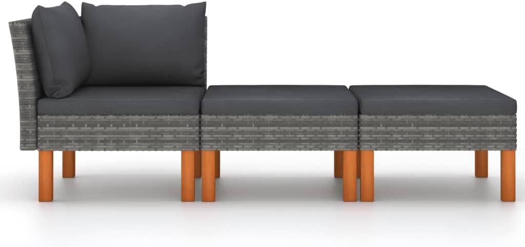 vidaXL Lounge Set 3 Piece, Sectional Sofa with Cushions, Modular Seat with Tea Table, Outdoor Furniture Set for Garden, Rustic, Solid Eucalyptus Wood PE Rattan