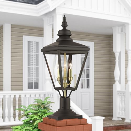 Livex Lighting 27375-01 Adams - 3 Light Large Outdoor Post Top Lantern in Traditional Style-26.75 Inches Tall and 10.63 Inches Wide, Finish Color: Antique Brass/Brushed Nickel by Livex - Image 3