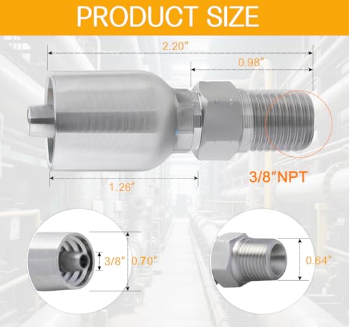 Image of 12 Pack Hydraulic Hose Fittings 3 /8 inch I.D. Hose x 3 /8 inch NPT Male ,Durable Carbon Steel Ends for Single Wire Hydraulic Line Systems