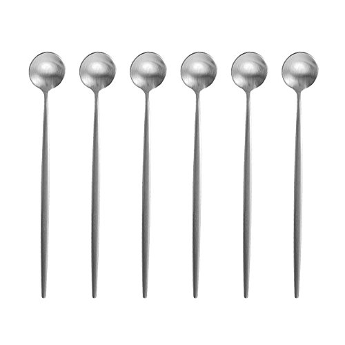 BRIIEC Silver 18/10 Stainles Steel Long Handle Ice Cream Spoon, Latte Spoon, Cocktail Stirring Spoons, Matte Finish, Dishwasher Safe, Pack of 6