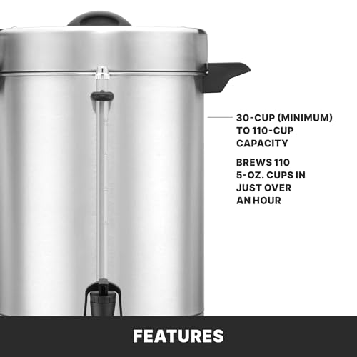 Image of Waring Coffee Urn with 110 Cup Capacity Stainless Steel Electric Percolator | 110 Cup Capacity Stainless Steel Electric Percolator, Dual Heater System for Commercial Kitchens & Catering, NSF Certified