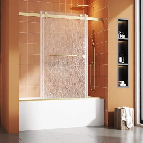 Image of Bathtub Sliding Door 60 inch W x 56 inch H, Tub Shower Door, Frameless Bypass Double Sliding Door Tempered Rain Glass with Explosion-Proof Film Brushed Gold