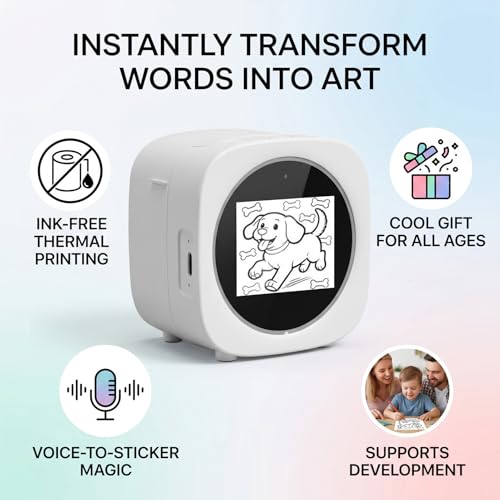 Image of banapoy Thermal Inkless Sticker, Smart AI Sticker Printer Voice Controlled Bluetooth Portable Maker Machine with 2.4 Inch Screen for DIY Arts Crafts Journaling (White)