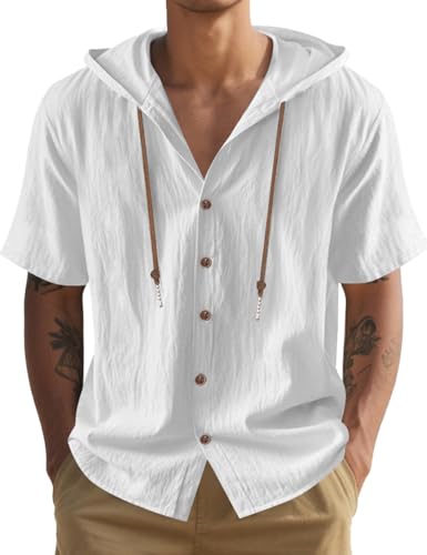 Men's Cotton Linen Shirts Short Sleeve Casual Sweatshirts Button Down Summer Beach Shirts with Hoodies