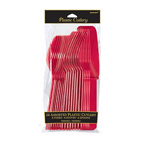 Apple Red Assorted Plastic Cutlery Set - (24 Count) - Premium Quality & Eye-catching Color Tableware, Perfect For Parties & Special Events