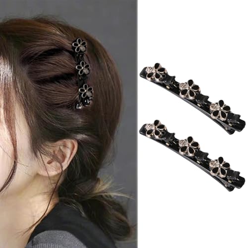 Crymystal Sparkling Crystal Stone Braided Hair Clips with 3 Small Clips, Pearl shaped hairpin duckbill clip,Braided Hair Clip with Rhinestones for Women and Girls Gifts (black magnolia)