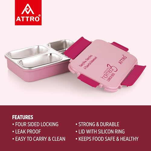 Image of ATTRO Hot-Meal 3 Insulated Lunch Box with 3 Compartment, Inner Stainless Steel & Locking Lid BPA-Free Food Grade Ideal for School, Office - 900ml Peach
