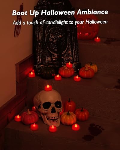 Image of merrynights LED Candles, 24 Pack Tea Lights Candles Battery Operated, Flameless Tealight Candle, Realistic Tea Lights for Halloween Christmas Party Decor -D 1.5 inch x H 1.25 inch-Red