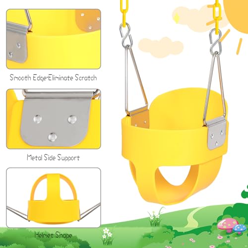 Toddler Swing Seat with Coated Chains, Heavy Duty Kids High Back Bucket Swings with Tree Straps and Hooks for Outdoor, Playground, Backyard, Swing Set Accessories by Domaker, Yellow - Thumbnail 3