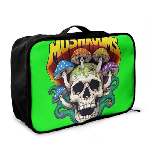 Luggage Lever To Hang Bags, Foldable Travel Storage Sports Gym Tote Bag, Carry On Tote Weekender Large Overnight Bag Trippy Skull And Mushroom Green Art