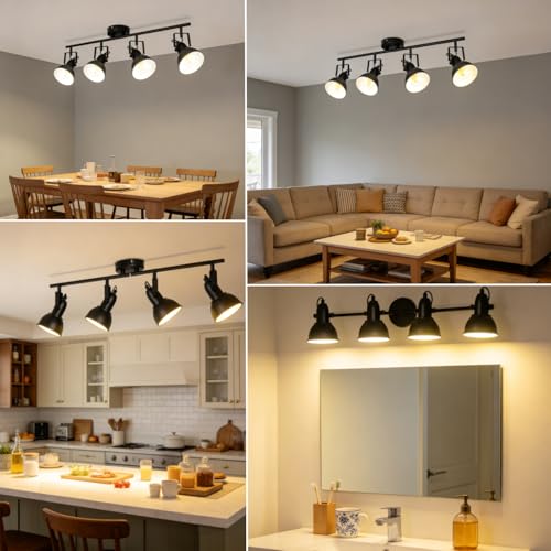 Image of HiBay Track Lighting Fixtures Ceiling Black, Adjustable 4-Light Spotlight | Industrial LED Track Lights for Kitchen, Dining Room, Bedroom, E26 Base (Bulb Not Included)