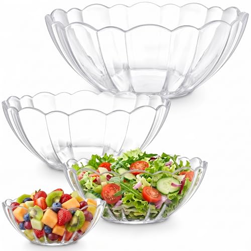 DEAYOU 4 Pack Clear Serving Bowls Acrylic Salad Mixing Bowls Party Snack or Chip Bowl Break-Resistant Disposable Catering Bowls Punch Bowl for Entertain Fruit Vegies 4 Sizes Flower-Shape