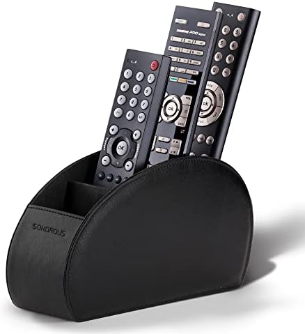 SONOROUS TV Remote Control Holder - PU Leather Remote Caddy Organizer with 5 Compartments for TV Controller, DVD, Media Accessory & Office Supplies Storage - Minimalist TV Controller Holder - Black