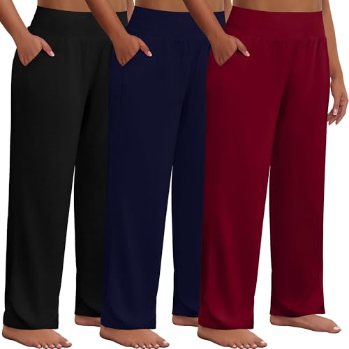 Pantalon de yoga à jambes larges taille haute avec poches vêtement de survêtement