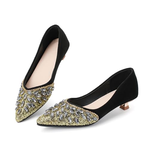Danglianying Women's Kitten Heels Low Heel Dress Shoes Closed Toe Pumps Rhinestone Pointed Toe Sparkly Back Bridal Wedding Party Black Glitter Pumps Size 9