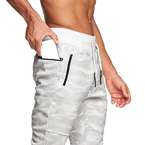 Kiaykl Men's Gym Jogger Pants Slim Fit Workout Sweatpants Athletic Training Running Pants With Zipper Pockets(White Camo Us Xs=Tag M) #TOP3