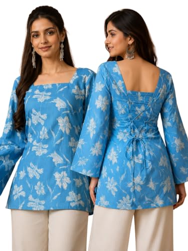 Image of Rayon Floral Print Short Kurti for Women | Square Neck Long Sleeve Top for Women | Criss Cross Back Desing Kurti | Soft Breathable Fabric | Relaxed Fit | Casual and Office Wear